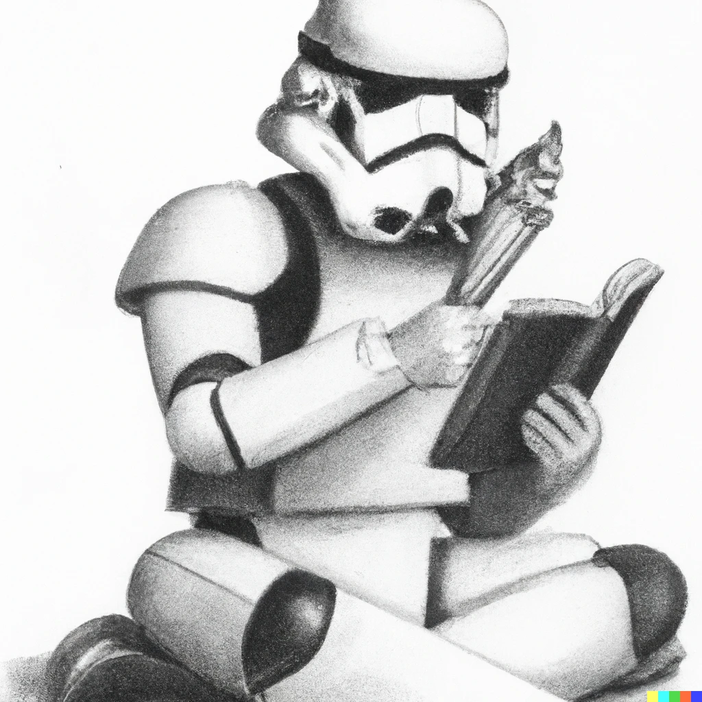 Prompt: pencil drawing of a stormtrooper eating an ice cream cone while reading a book