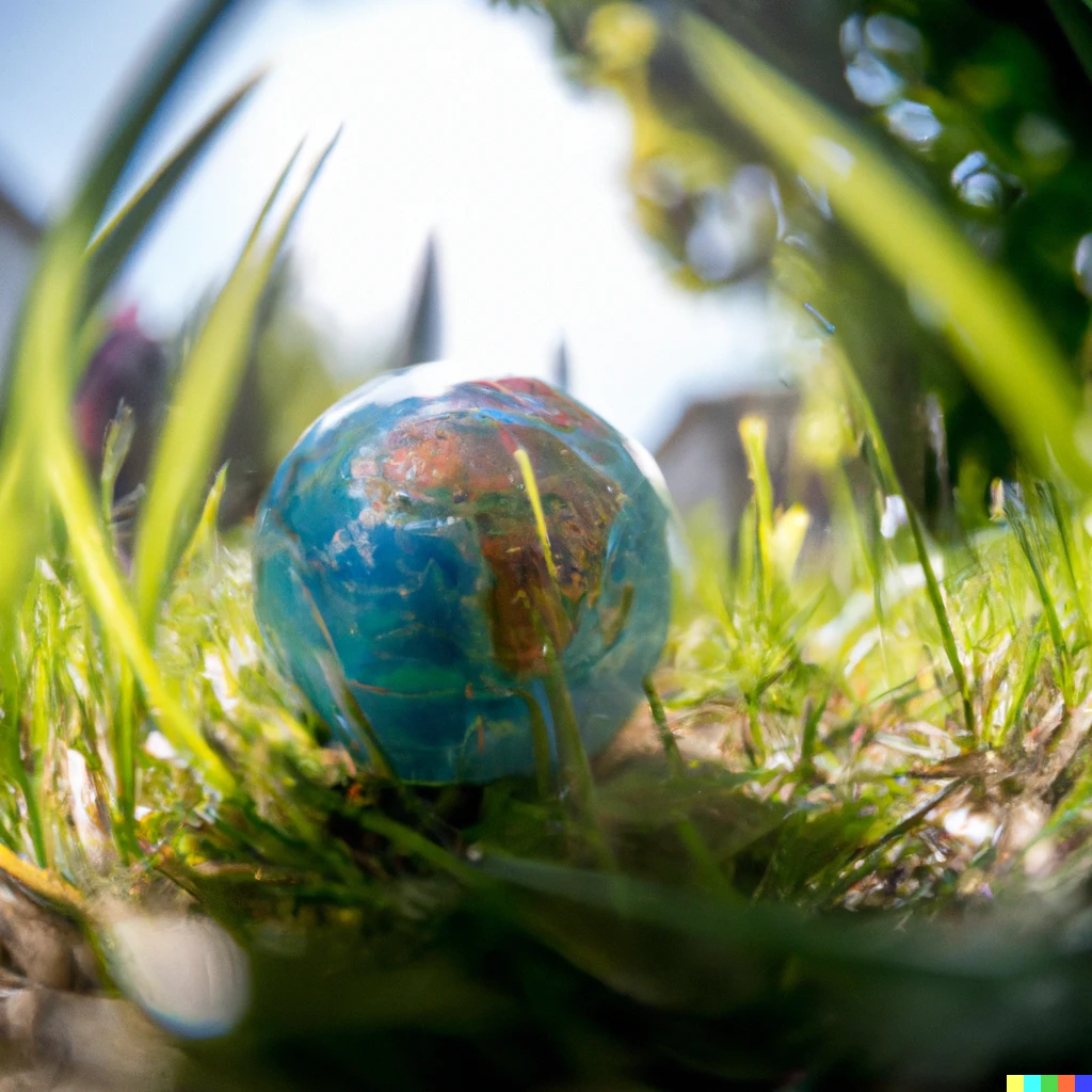 Prompt: Macro 16mm photo, the planet earth lying in the sunny gras in the backyard