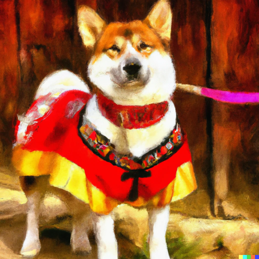 Prompt: Impressionist painting of a shiba inu in traditional Ukrainian costume