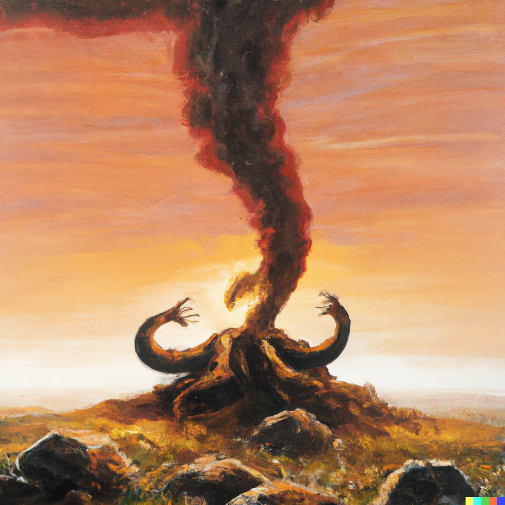 Prompt: Oil painting of Athena Shai hulud bursting out of the ground, digital art
