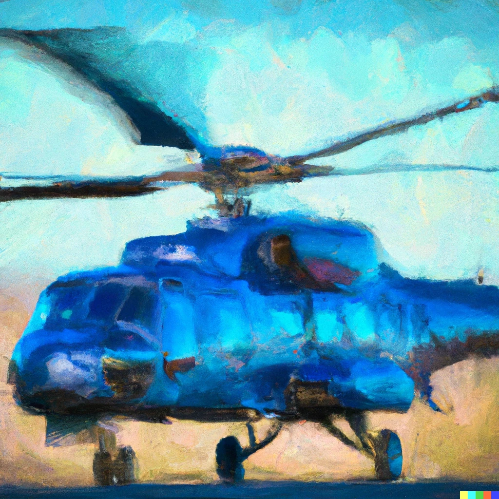 Prompt: Impressionist painting of an Apache helicopter 