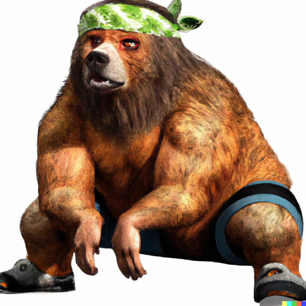 Prompt: Grizzly bear wearing a head band and doing squats, digital art