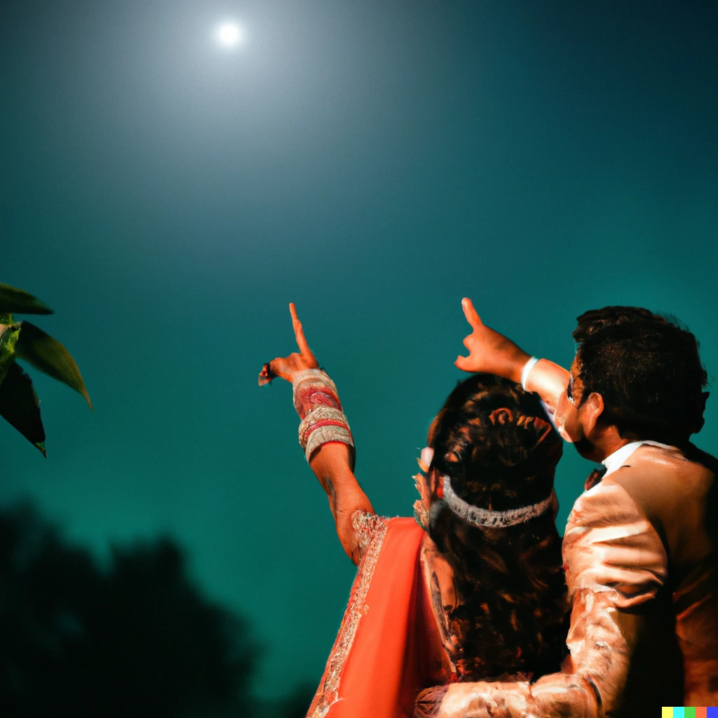 Prompt: Indian bride and groom looking at moon and pointing at the moon
