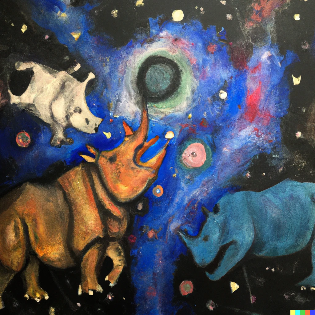 Prompt: Dadá painting of rhino and hippos dancing in the deep space with the background of nebula
