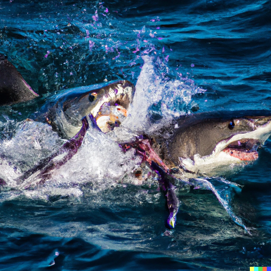 Prompt: Sharks fighting  for a seal 