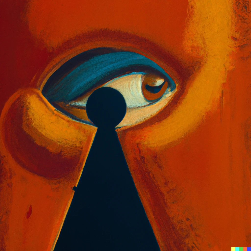 Prompt: abstract painting of a face peeping and listening in to a keyhole