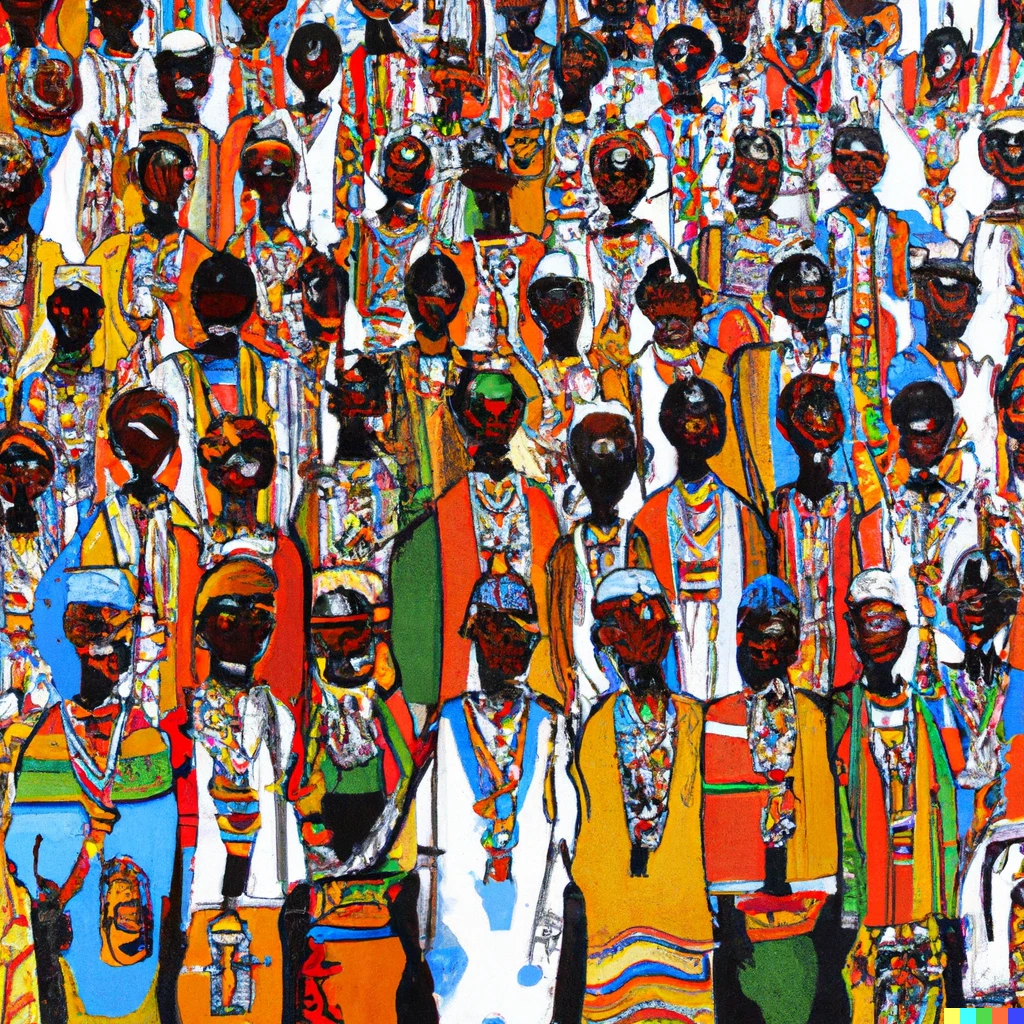 Prompt: Painting of a crowd of African tribes represented by their cultural attire 