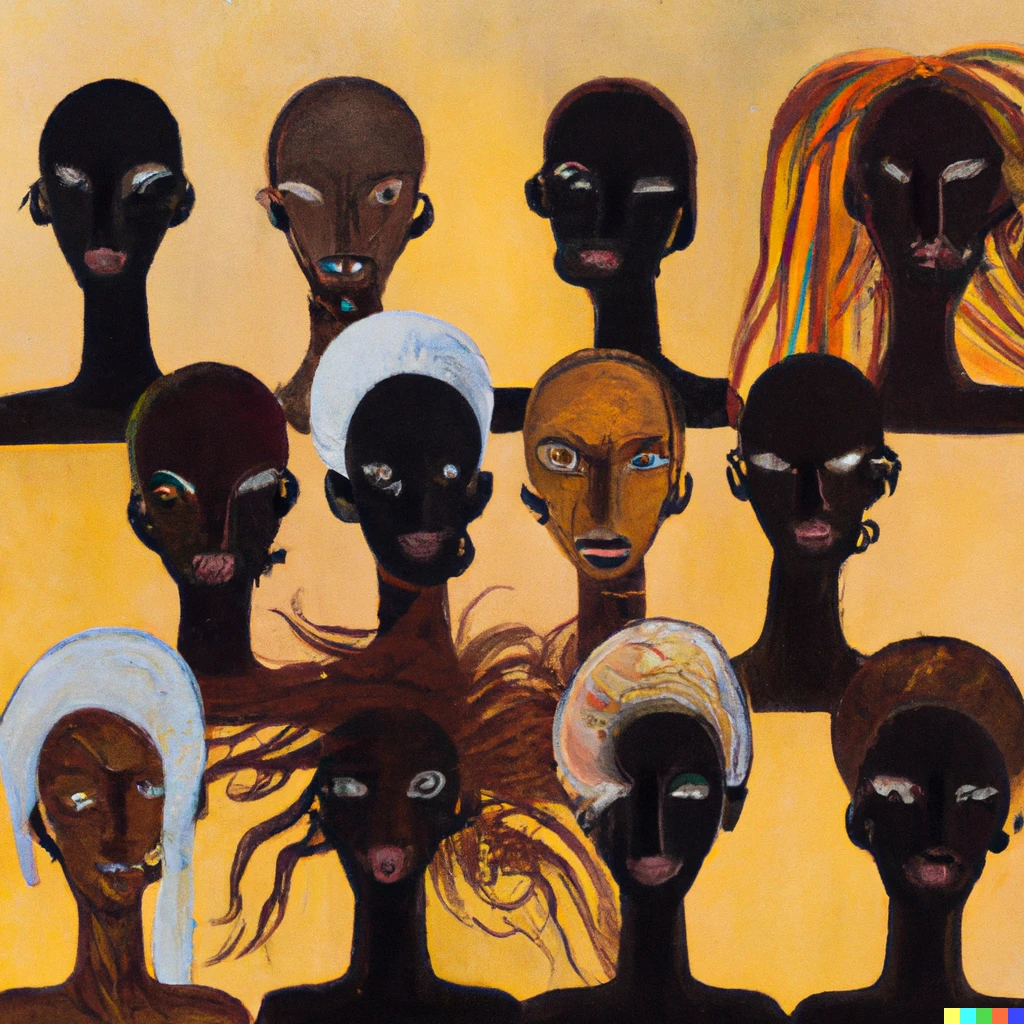 Prompt: Abstract expressionist guache painting of nine heads of African hair on different skin tones and different genders on an even toned background 