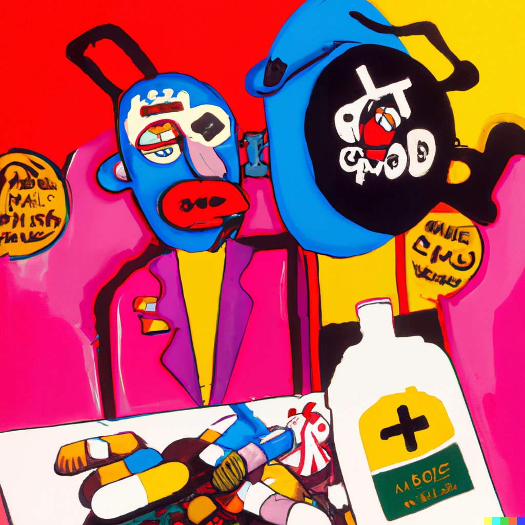 Prompt: George Condo style painting of  drugs make this youth happier than life on cardboard and charcoal mixed media 