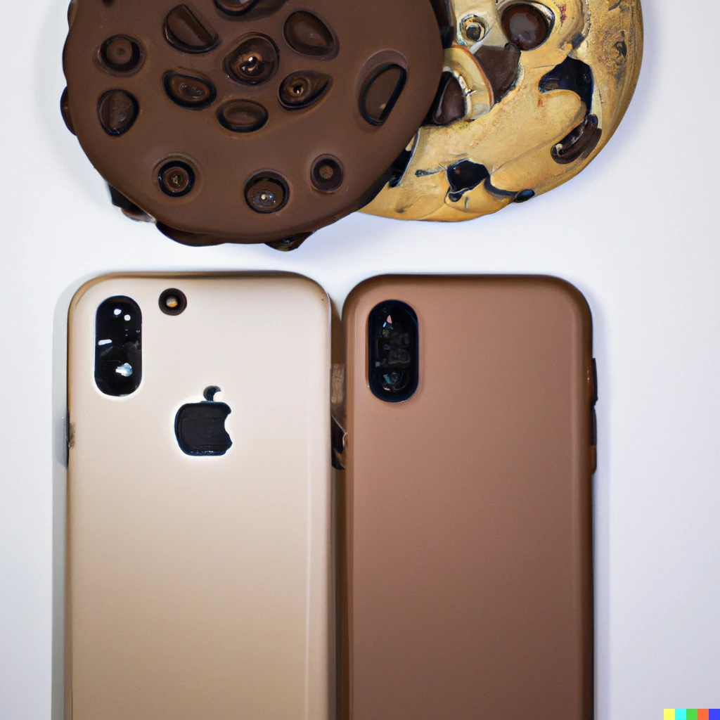 Prompt: Choclate chip cookie smartphone cover side by side with an iPhone 13 and othw phones with other phone covers 