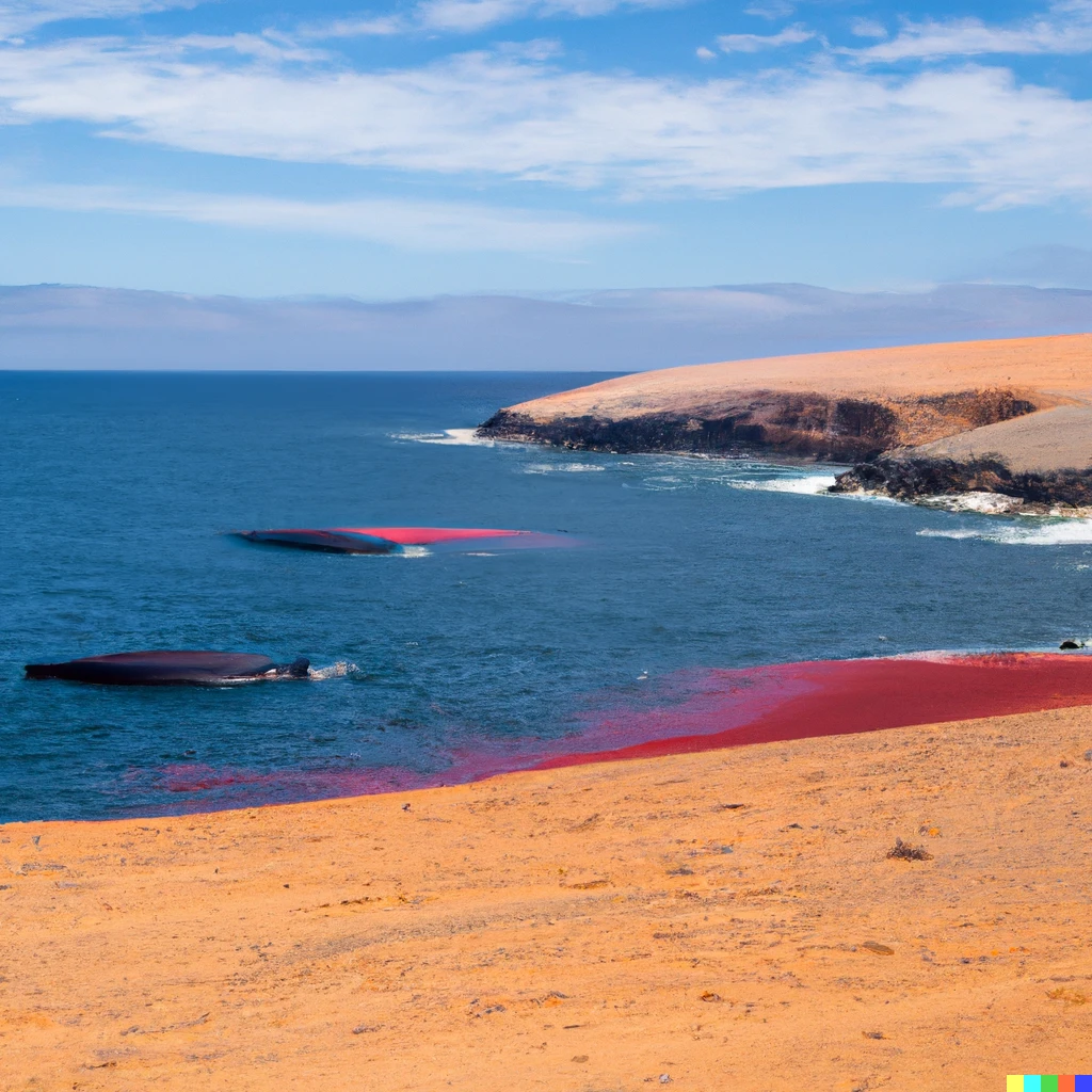 Prompt: Red beach with 40 beaching whales  in sight
