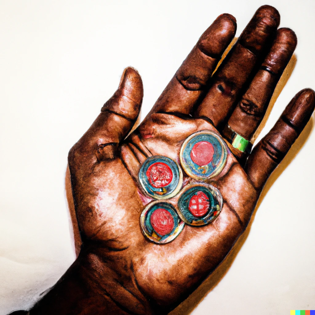 Prompt: Abstract painting of old Jewish coins in a black man's hand