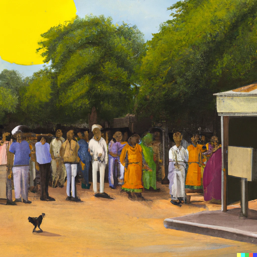 Prompt: Neo classical painting, of voters queuing in the tough sun.
