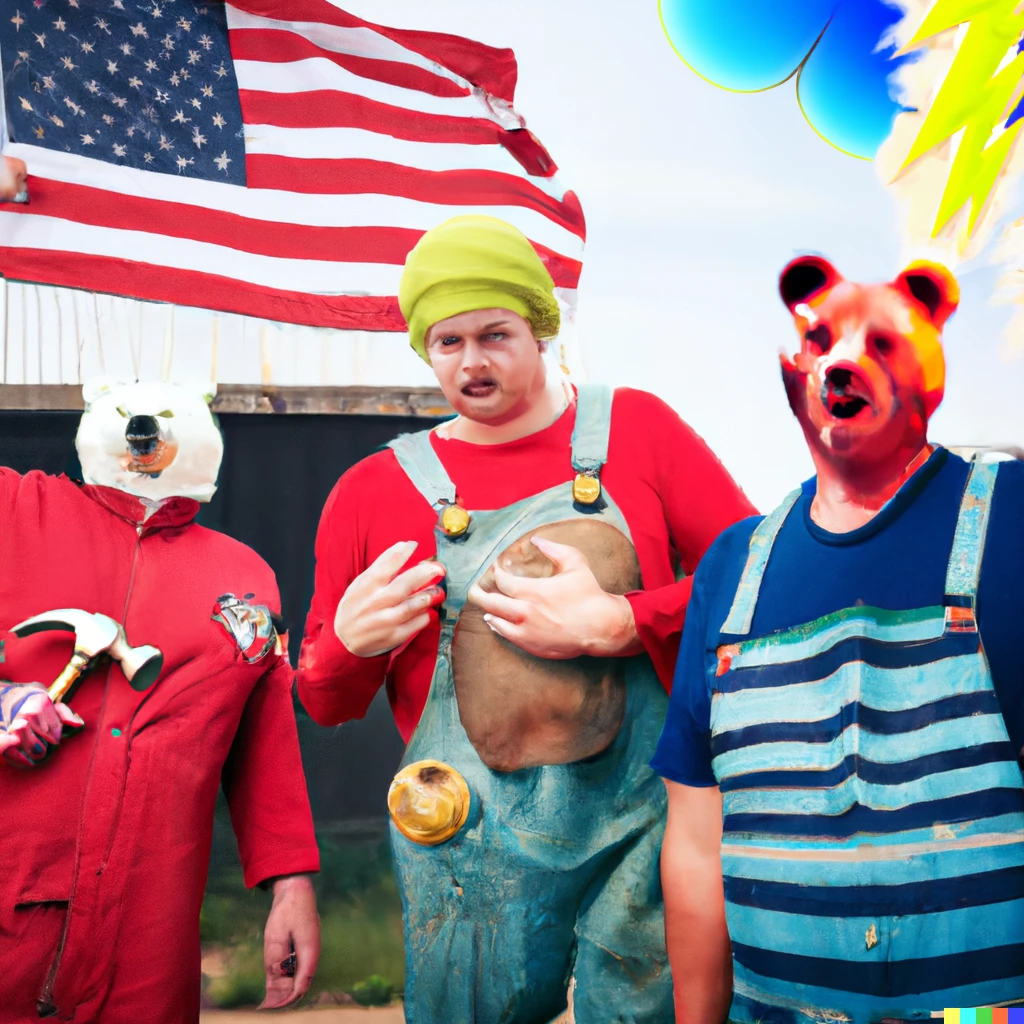 Prompt: Uncle Russ and Uncle Sam, darting bolts and lots undone. Bear suit with blue and yellow stripes and Russian flag
