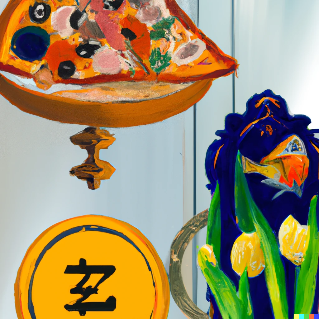 Prompt: George Condo of pizza as pie in the sky analogy with European £20 coin on the side with a vertical hydrophonic garden and aquarium with goldfish 