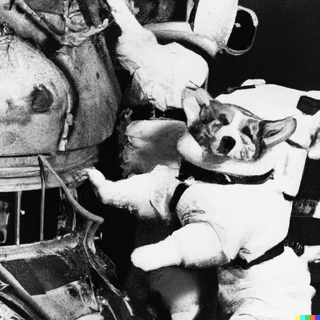 Prompt: corgis in astronaut suits performing an EVA and repairing an Apollo orbiter in space, a vintage photograph