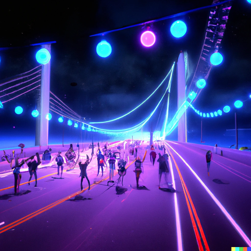 Prompt: 3d render of a dance party on the bay bridge with no cars