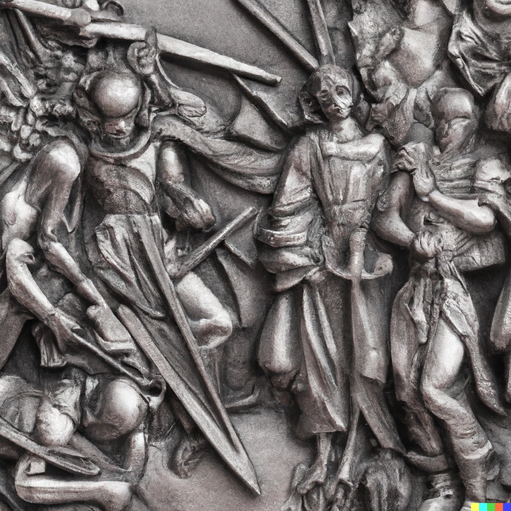Prompt: steel high relief of a war scene with a group of hyperrealistic figures of Female warriors standing with spears and axes in the style of H. R. Giger