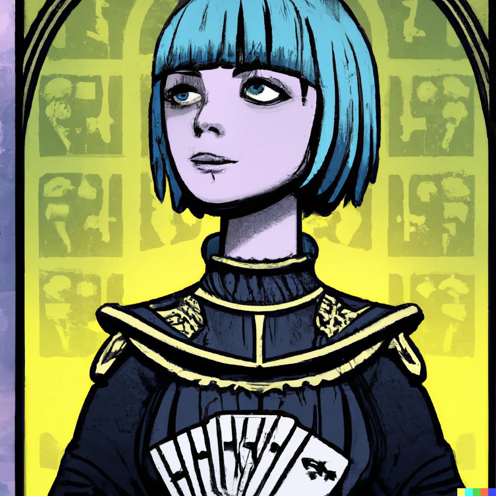 Prompt: ramona flowers as the high priestess tarot card in the comic book style of mike mignola