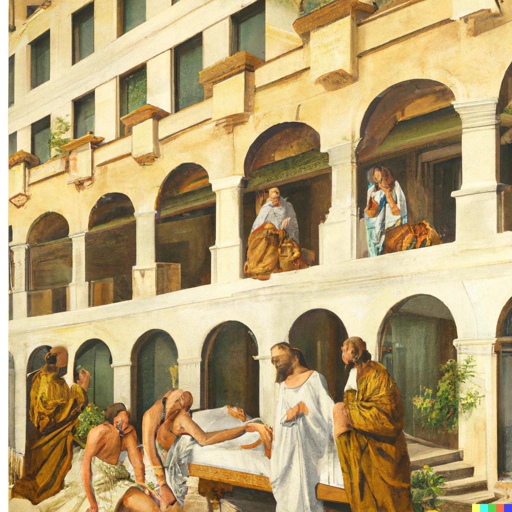 Prompt: Jesus and his disciples at a luxury hotel by Carlo Dolci