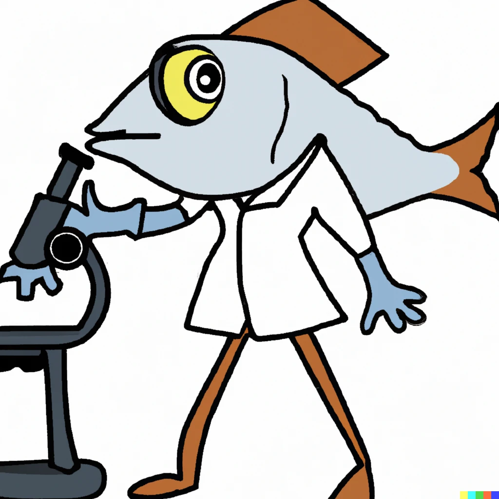 Prompt: Fish with legs and arms wearing lab coat with a microscope 