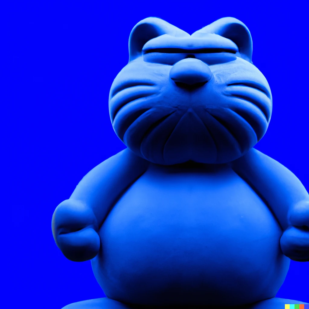 Prompt: Garfield sculpture in International Klein Blue
