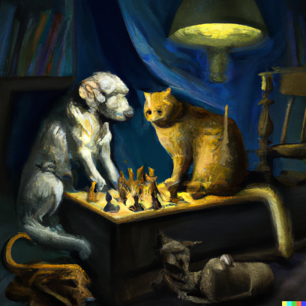 Prompt: Dogs and cats playing chess in a dark room in the style of Vincent van Gogh