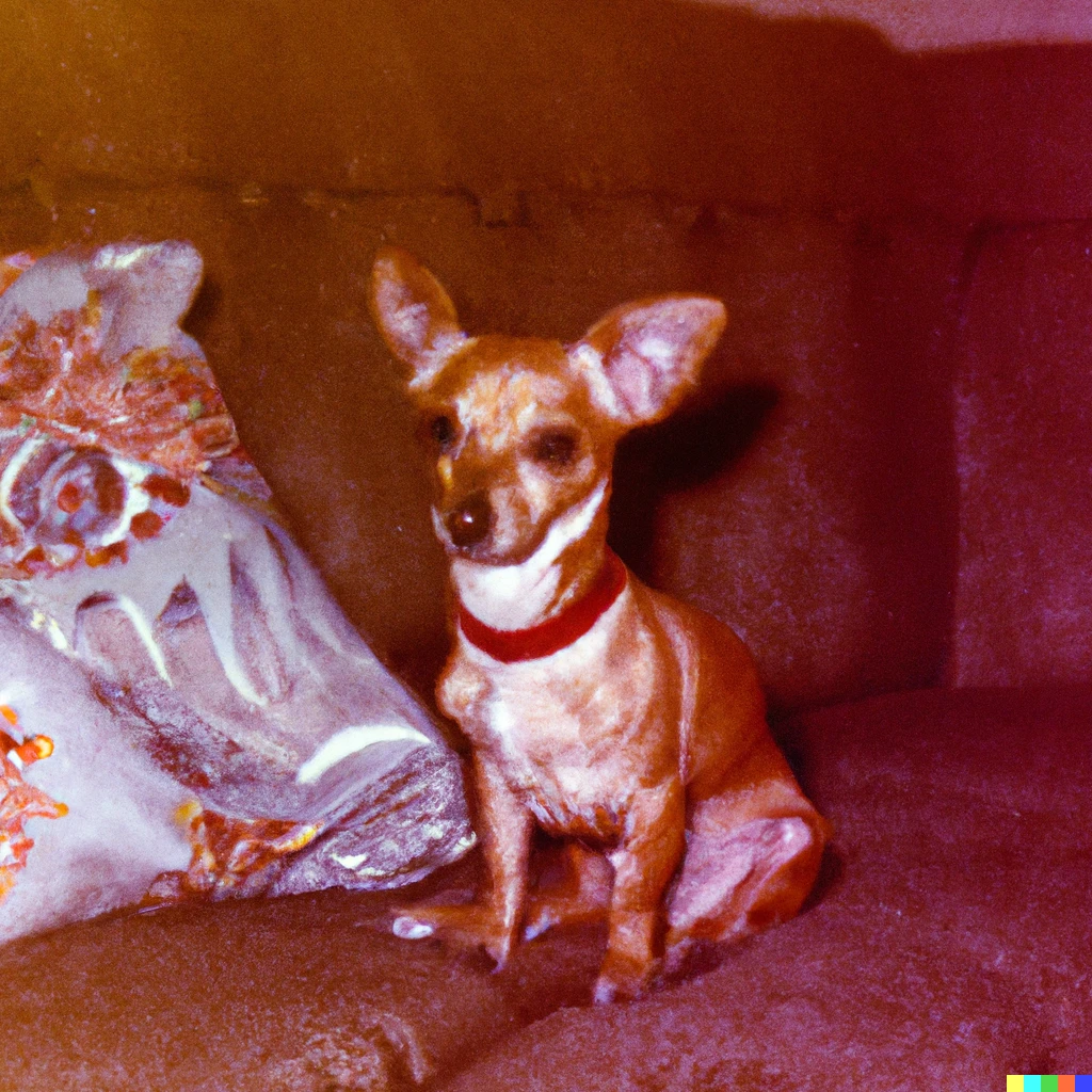 Prompt: Chiweenie sitting on the couch 35 mm photo from 1977