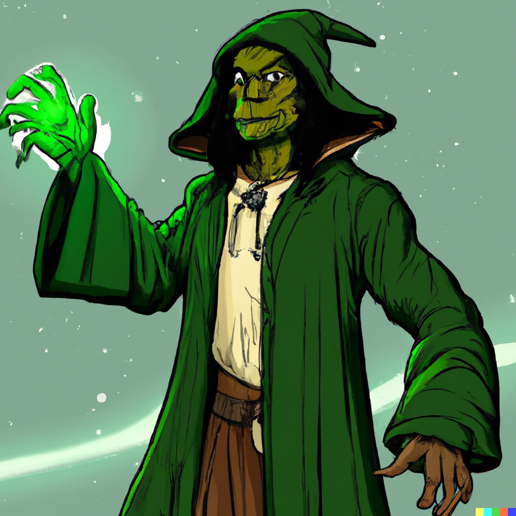 Prompt: Urban wizard dressed all in green
