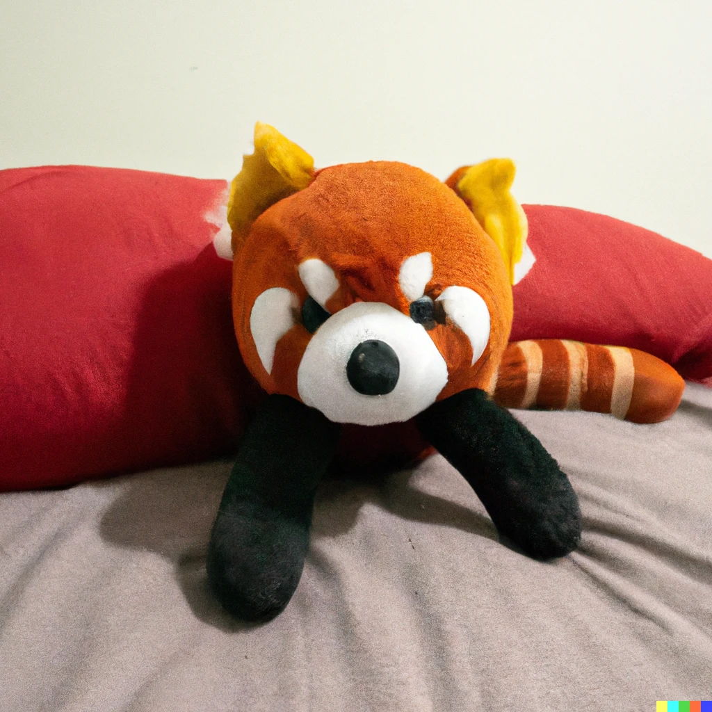 Prompt: Cute red panda plush laying on a futon bed