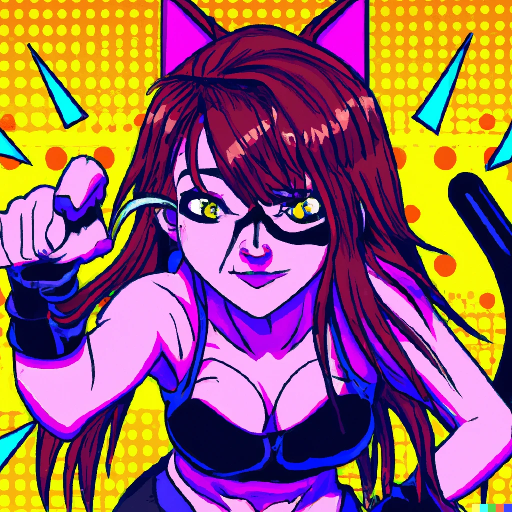 Prompt: Hot anime cat girl With crazy 90s guns (comic book)