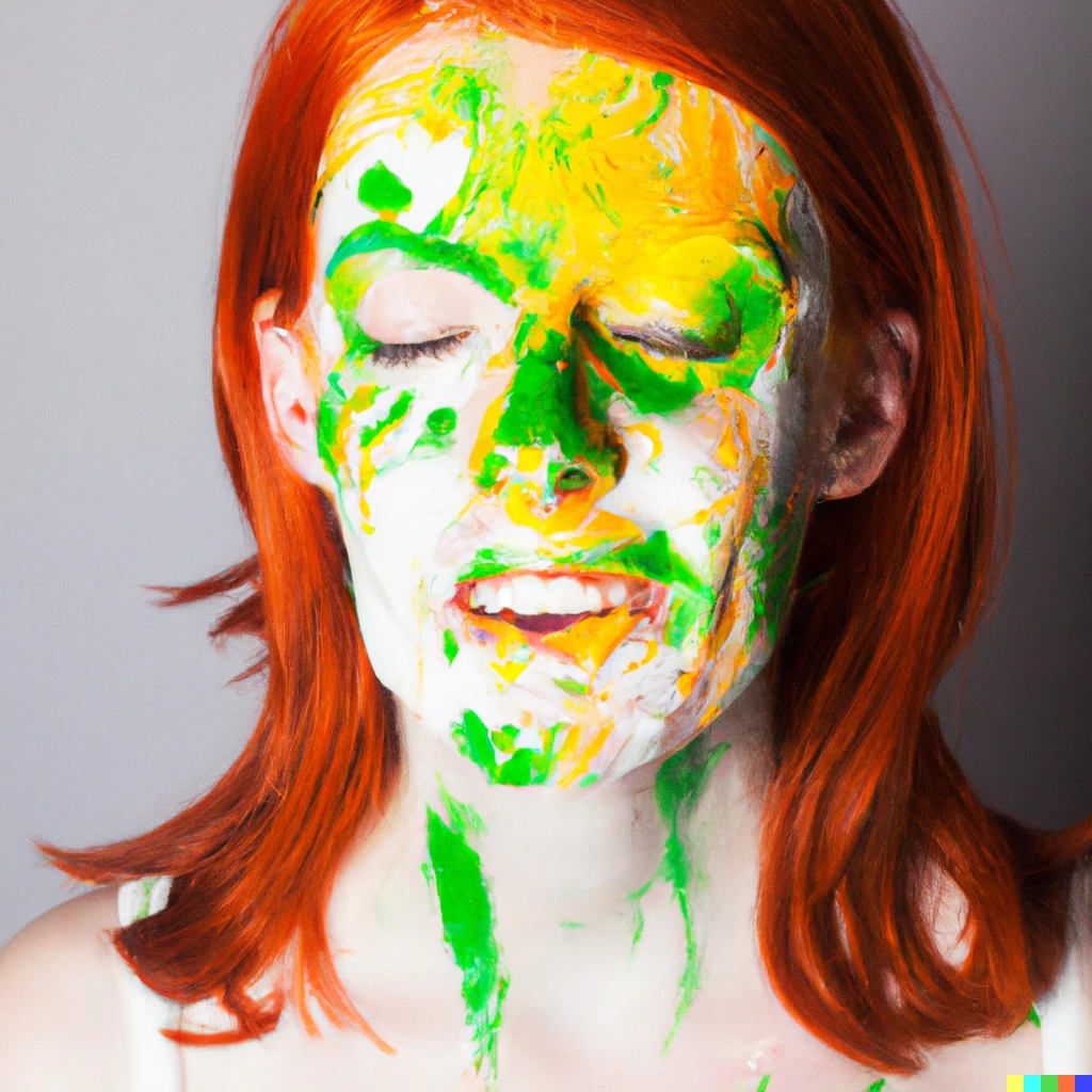 Prompt: Redhead Woman with paint splashed on her face