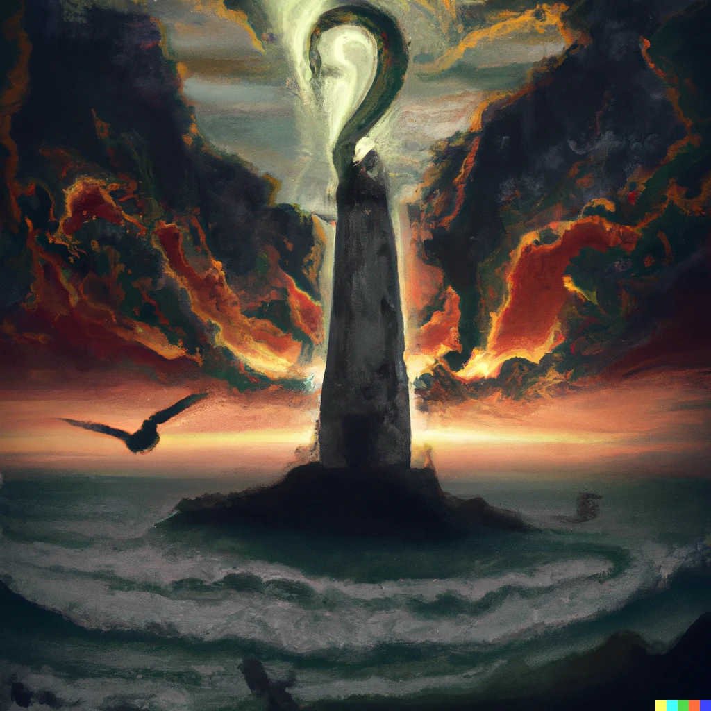 Prompt: The last lighthouse at the end of the world gothic painting with Cthulhu coming out the ocean 
