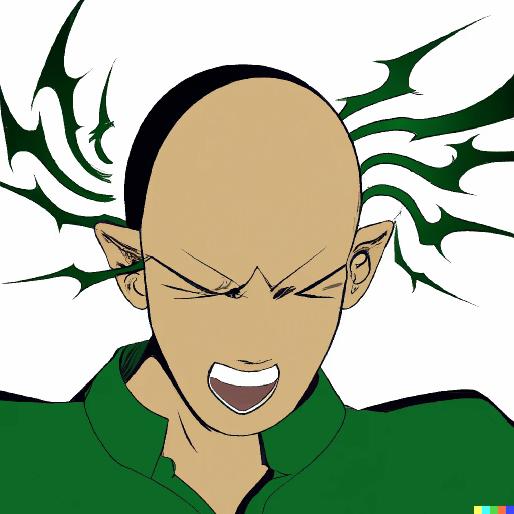 Prompt: Bald man with energy pulsating from his head (green) anime