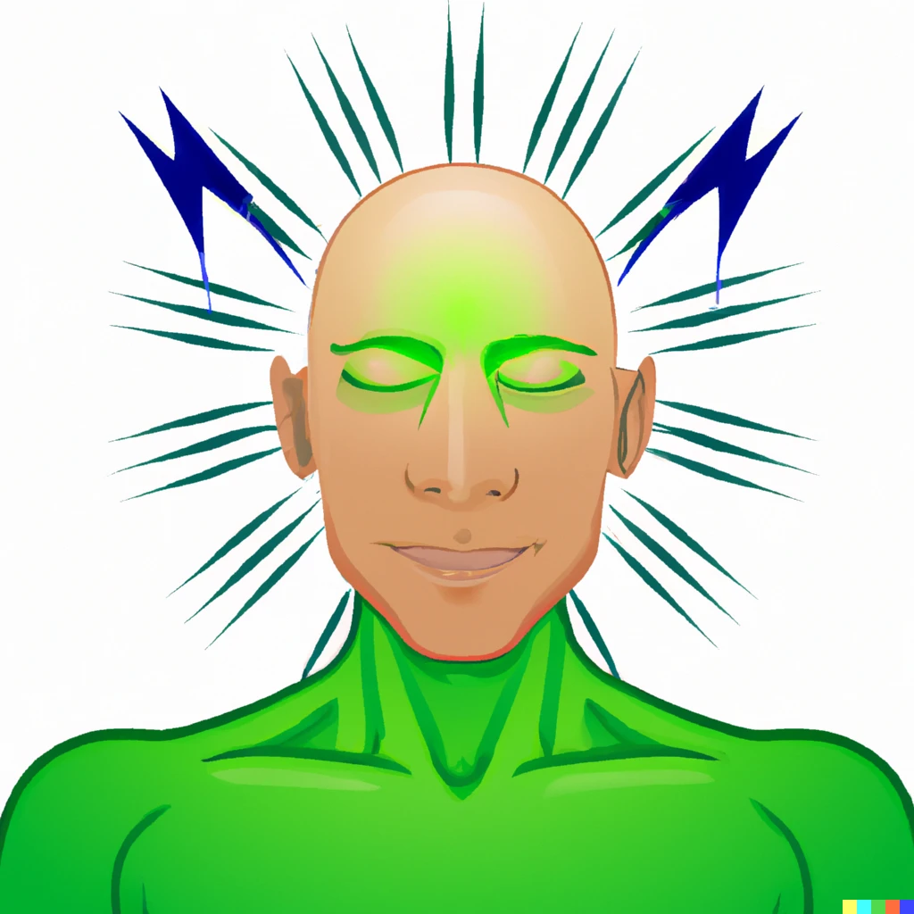 Prompt: Bald man with energy pulsating from his head (green)