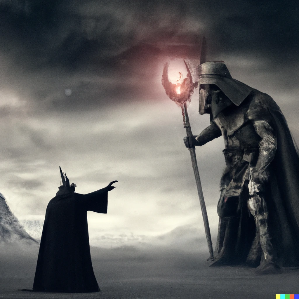 Prompt: Darth Vader as Sauron from the Lord of the Rings in a battle with Gandalf the White