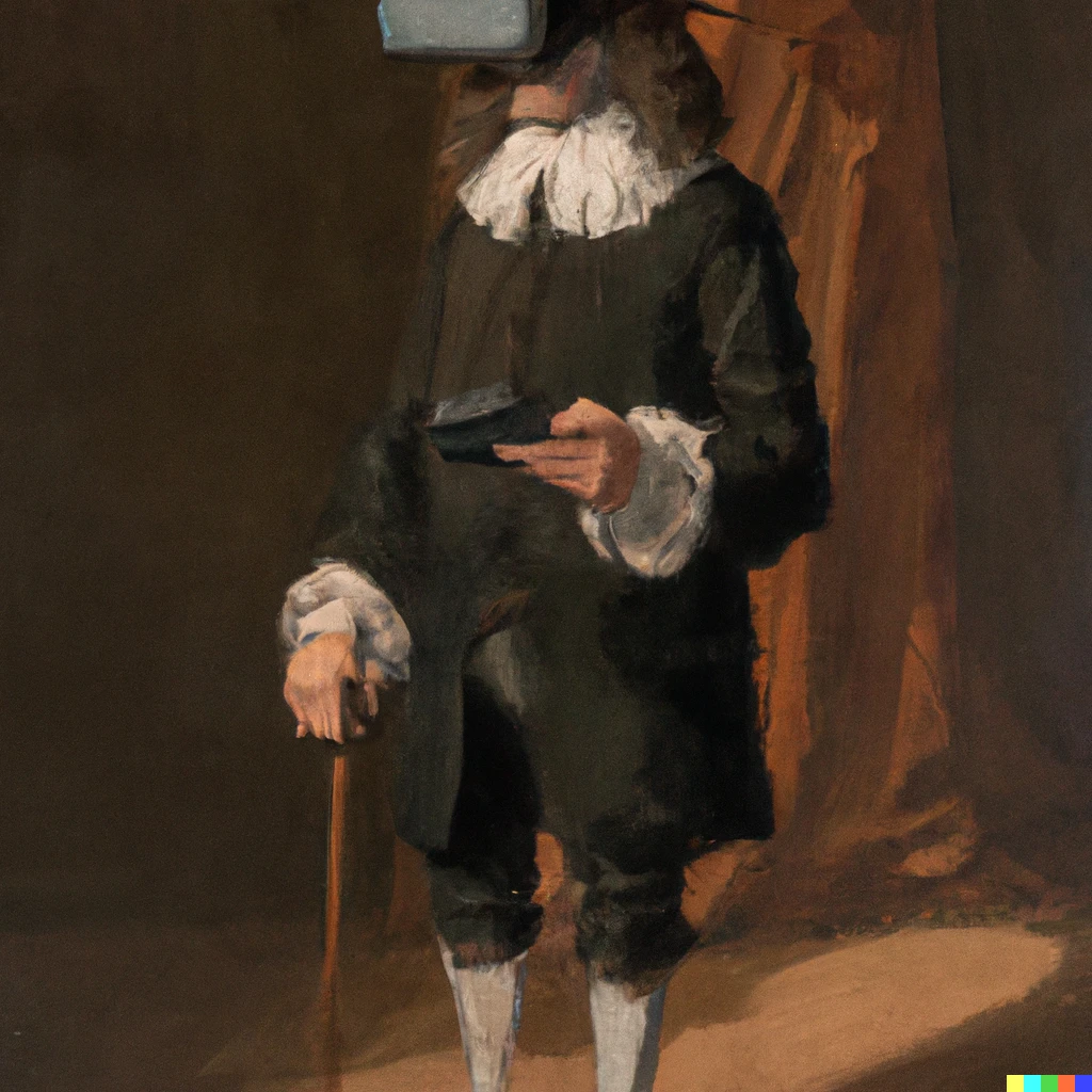 Prompt: a Rembrandt painting of a the world's tallest man  wearing a VR headset