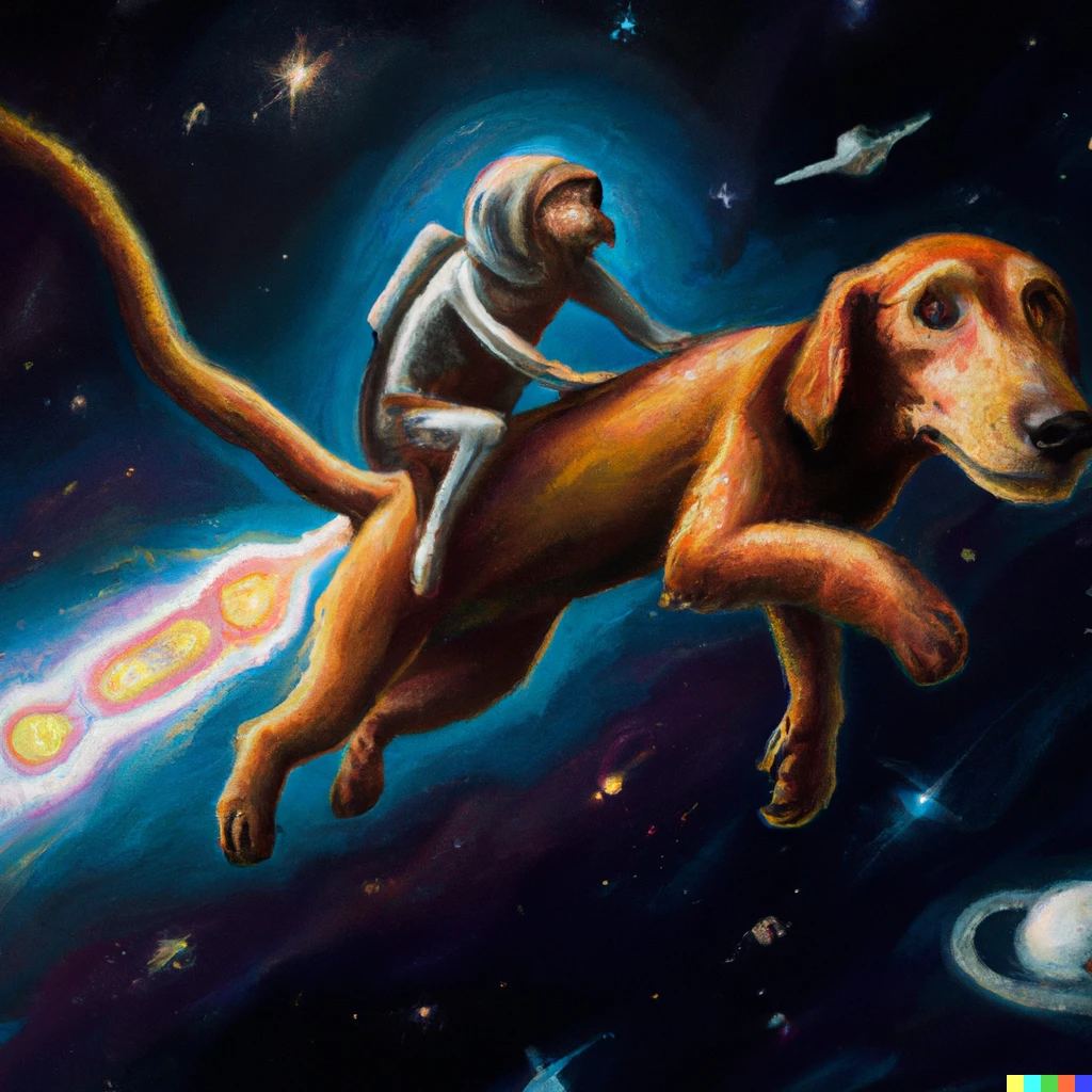 Prompt: a painting of a monkey riding a dachshund through space, stunning and dramatic