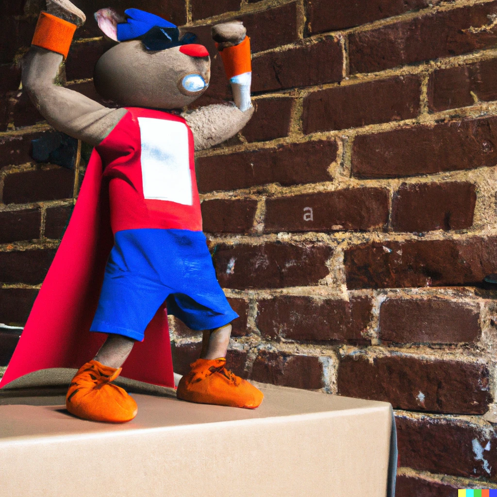 Prompt: A photo of a real brick walled factory with a carton super hero mouse flexing its muscles 