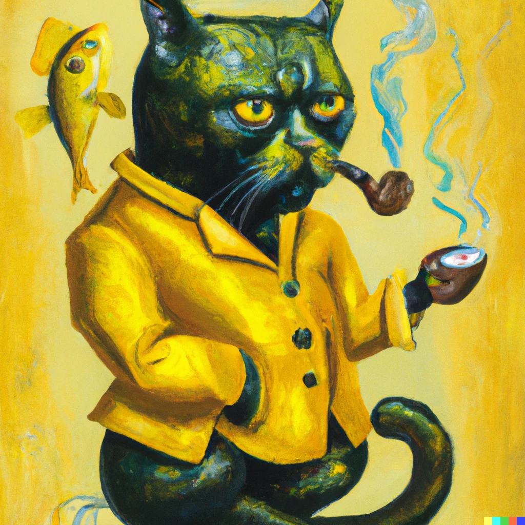 Prompt: a baroque paint of a black cat in a yellow suit suspiciously looking  at fish smoking a cigarette