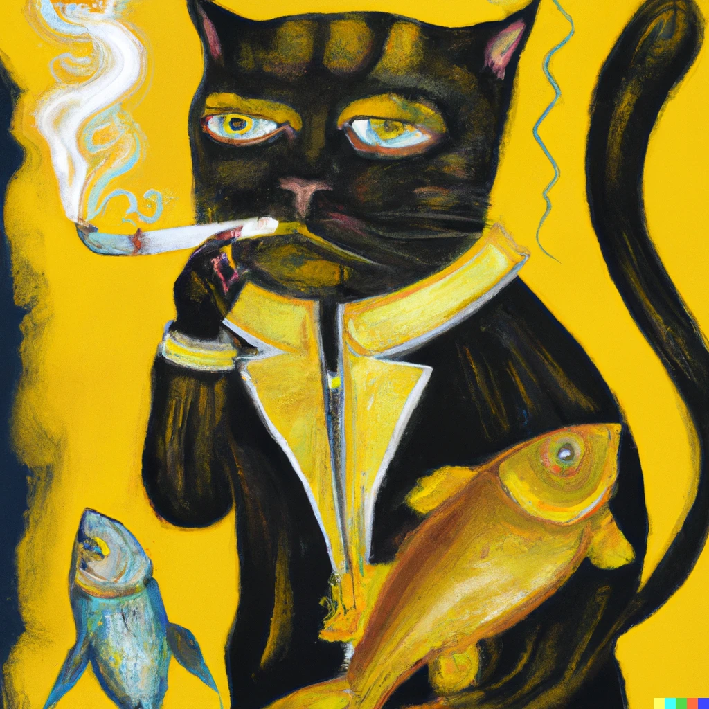 Prompt: a baroque paint of a black cat in a yellow suit suspiciously looking  at fish smoking a cigarette