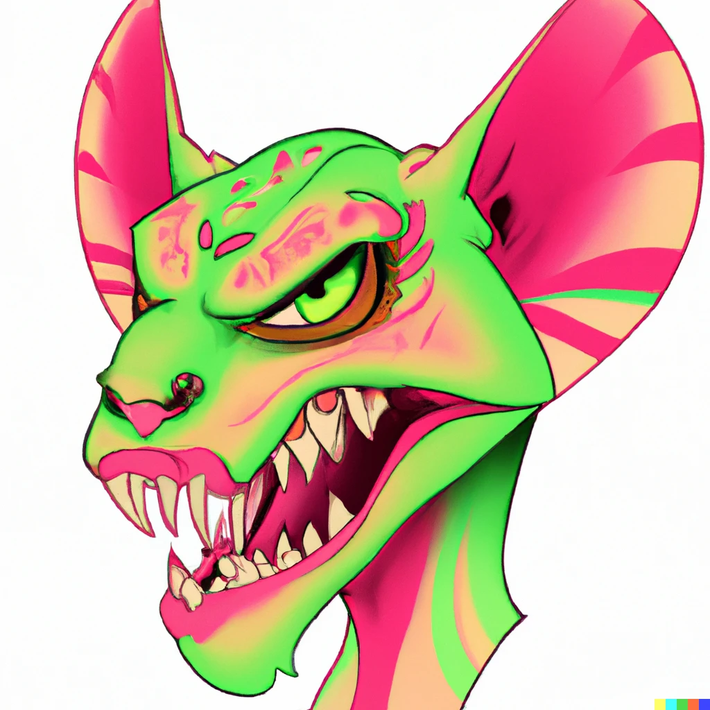 Prompt: pink lioness alien with green fangs, baring her teeth and looking straight ahead