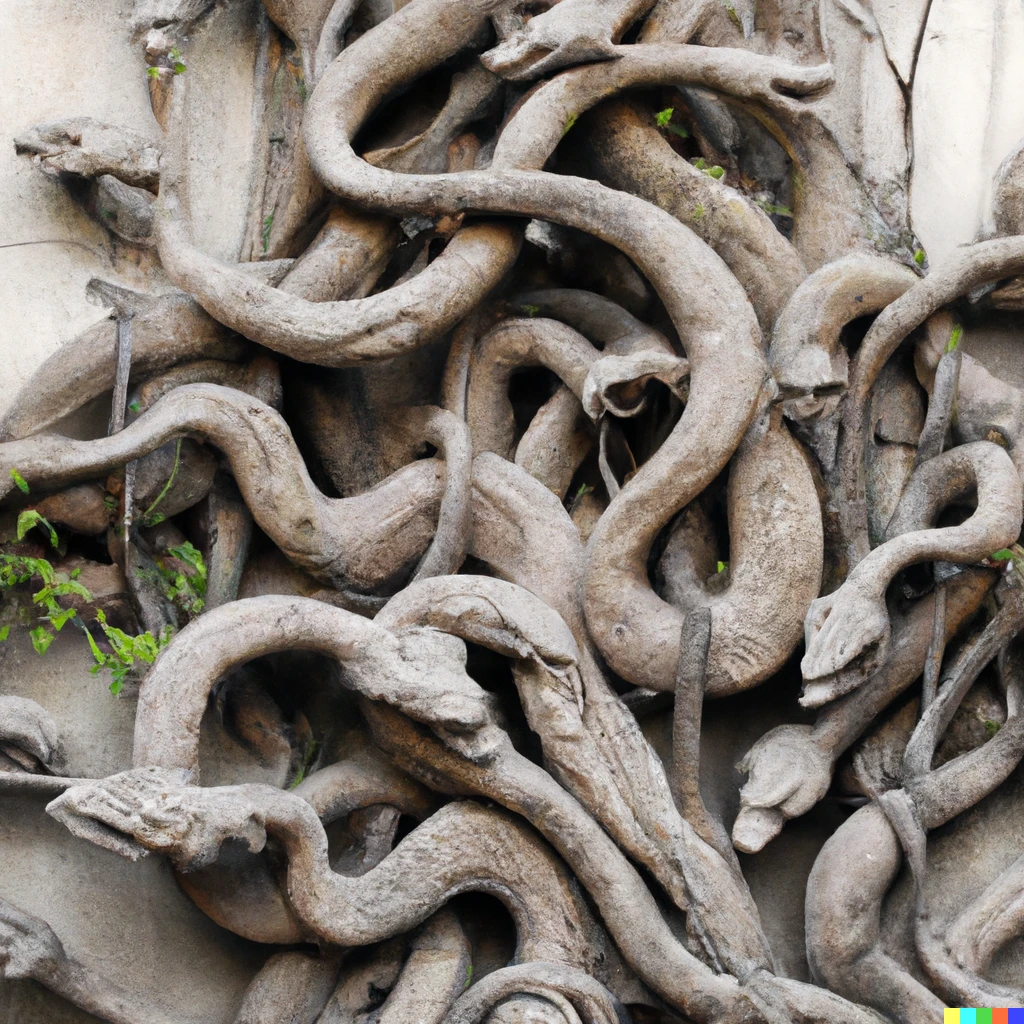 Prompt: sculpture, nine snakes are twining each other ivy-like