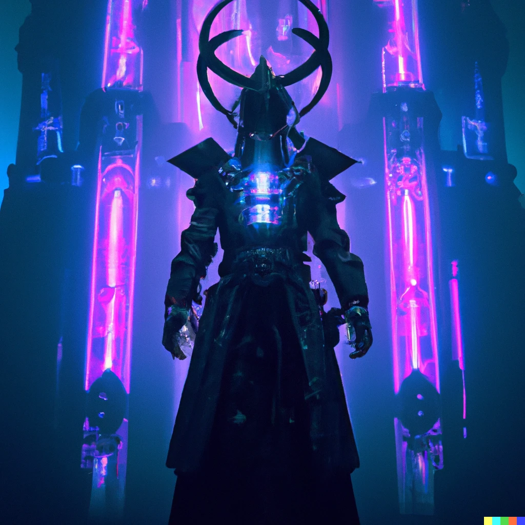 Prompt: Nyarlatohotep standing in night at cathdral, cyberpunk, four arms