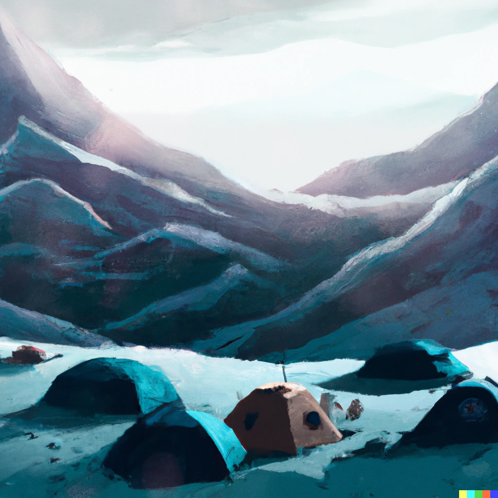 Prompt: very high mountains with snow and some tents, digital art.