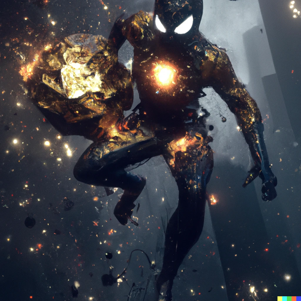 Prompt: a photorealistic of Medieval dark spiderman in space with black and gold metal suit, intricate fine details, exploding background, digital art
