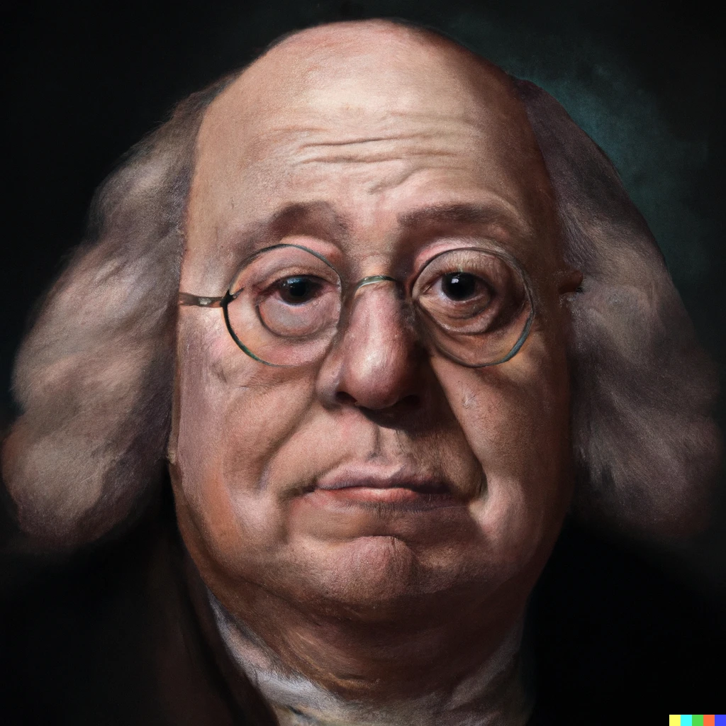 Prompt: A hyper realistic portrait of Benjamin Franklin in the style of Chuck Close, digital art
