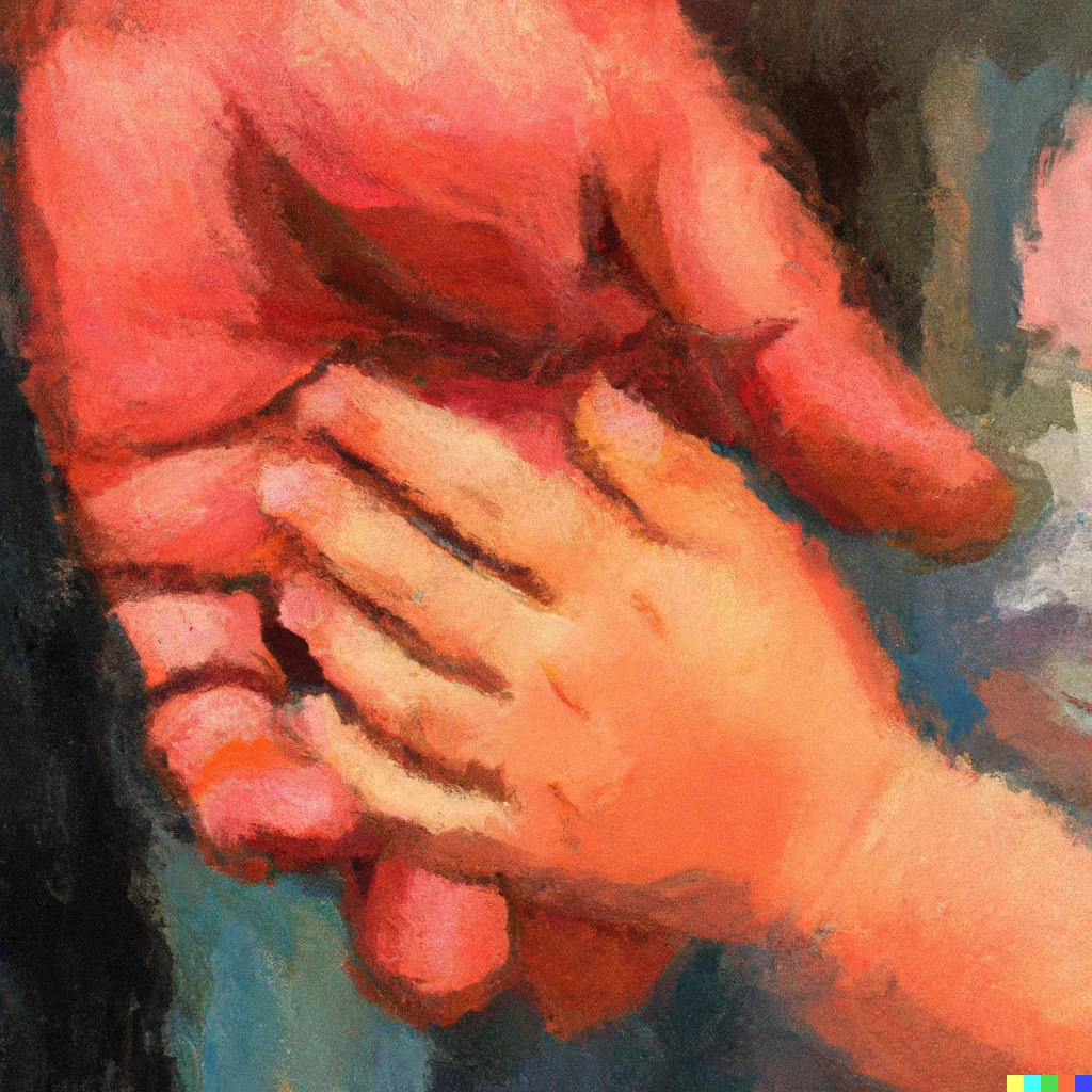 Prompt: An impressionist oil painting of a father’s hands holding his two year old’s hands. 