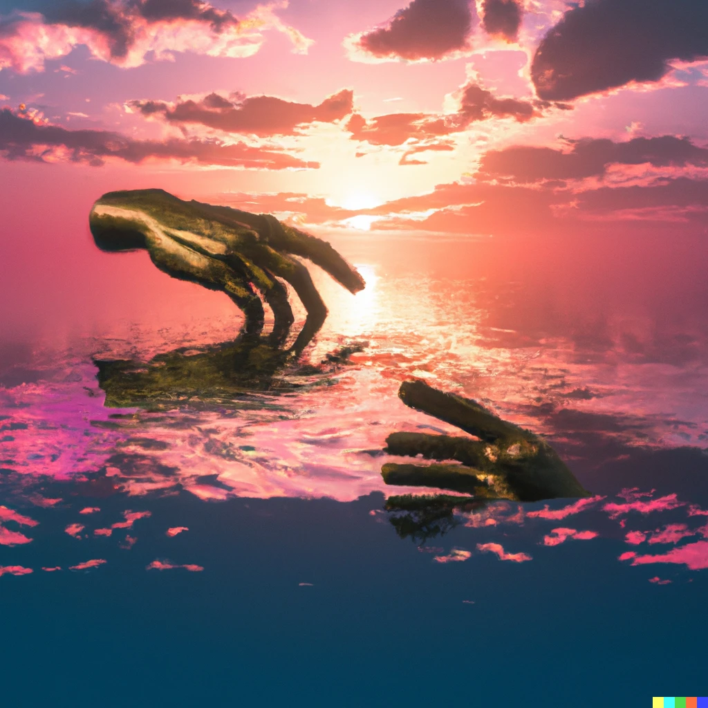 Prompt: futuristic version of the creation of adam from michel angelo with a synthwave style sunset on the sea reflecting in the water in the backround