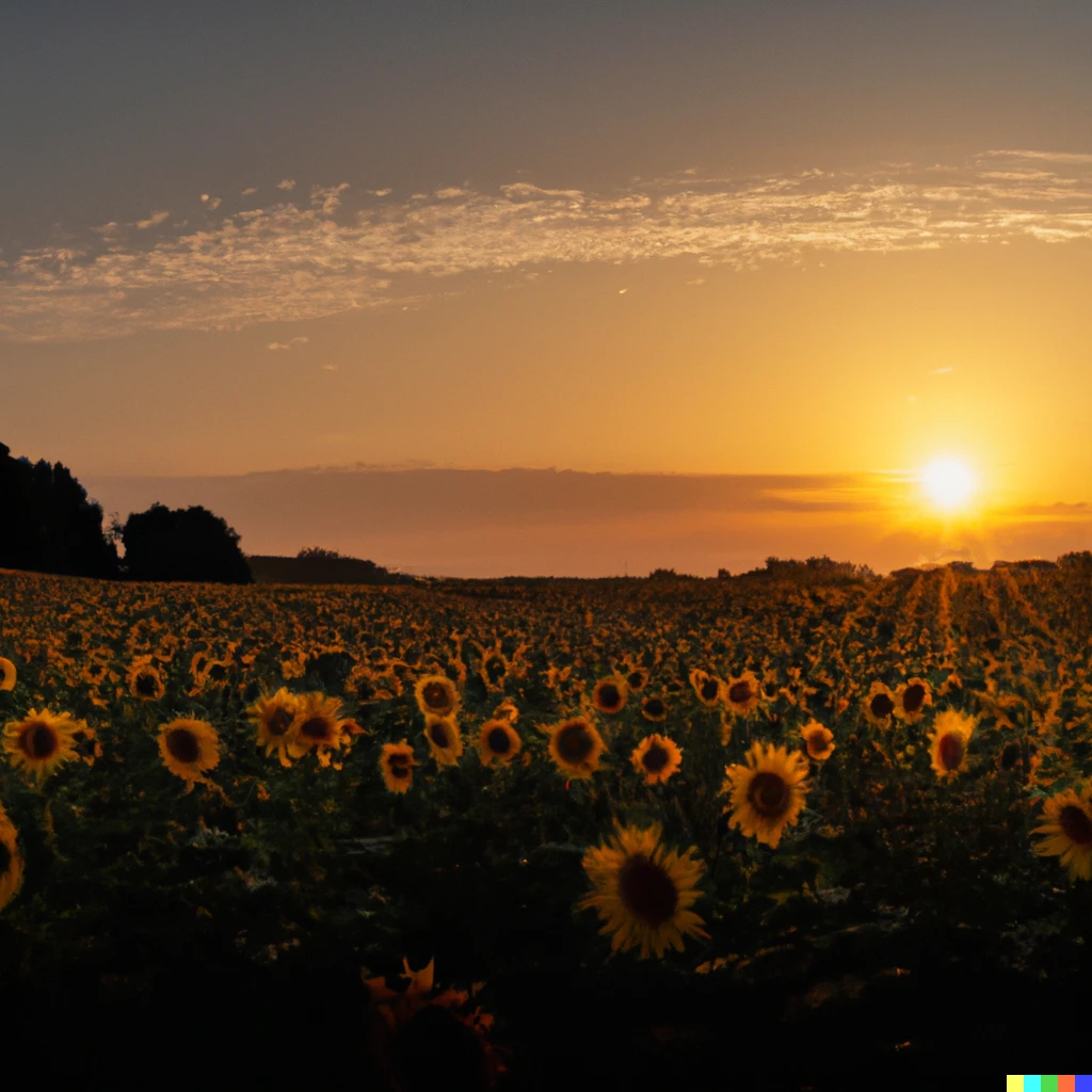 Prompt: A 4K resolution image of the sunrise behind a sunflower field in the middle of France, golden sun rays envelop the darkened parts of the land. Award winning photograph, National Geographic Photography